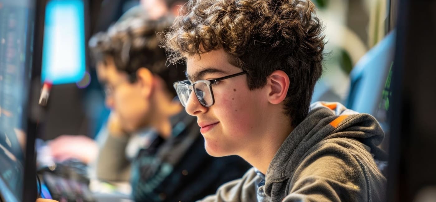Primer plano de perfil de un joven estudiante o ingeniero de Tecnologías de la Información (TI), con cabello rizado y gafas, sonriendo ligeramente mientras mira concentrado una pantalla de computadora fuera de plano.